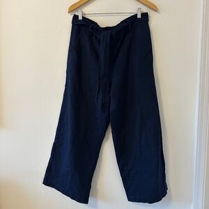 J. Crew Navy Blue Tie Front Wide Leg Linen and Cotton Pants | Size 12